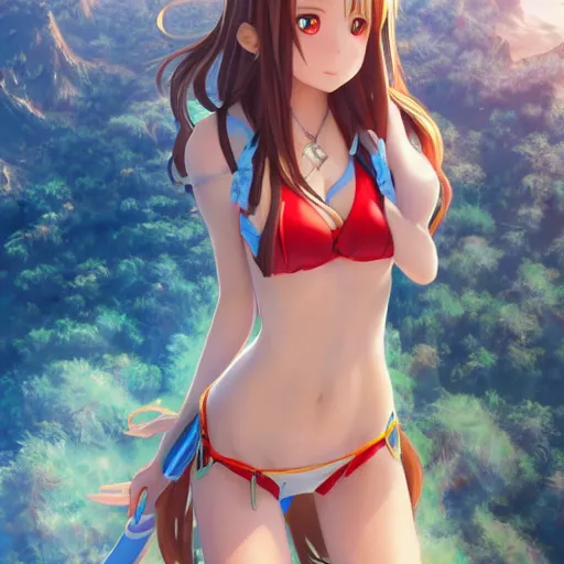 Prompt: seen from above : a giant macro very beautiful young yuuki asuna, full body, long wavy hair, sky blue eyes, full round face, bikini, miniskirt, standing in the middle of a miniature crowd, cinematic wallpaper by stanley artgerm lau