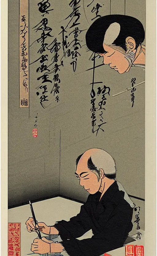 Prompt: by akio watanabe, manga art, a male calligrapher writing next to a poster, inside modern japanese room, trading card front, realistic anatomy