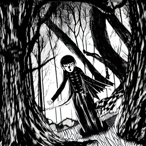 Image similar to in the style of sui ishida, junji ito, rafael albuquerque, shinsui ito, transparent ghost screaming, in the woods, moody lighting