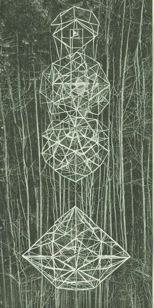 Prompt: a geometric icosahedron temple in the woods, 1940s faded risograph print, illustration, limited color palette, earthtones, double-exposure