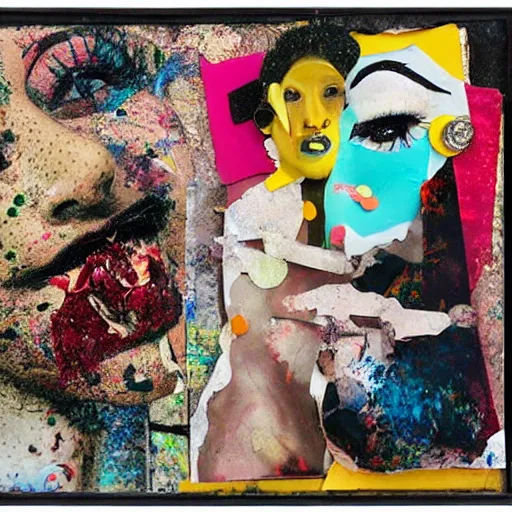 Image similar to two horrifying women kissing at a carnival, mixed media collage, retro, paper collage, magazine collage, acrylic paint splatters, bauhaus, abstract claymation, layered paper art, sapphic visual poetry expressing the utmost of desires by jackson pollock