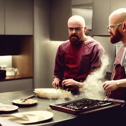 Image similar to jessie pinkman and walter white cooking borsch cinematic extremely detailed