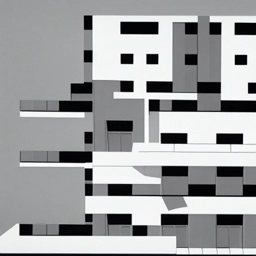 Prompt: blocky architecture abstraction depthcore detailed bauhaus by the designers republic, warp records