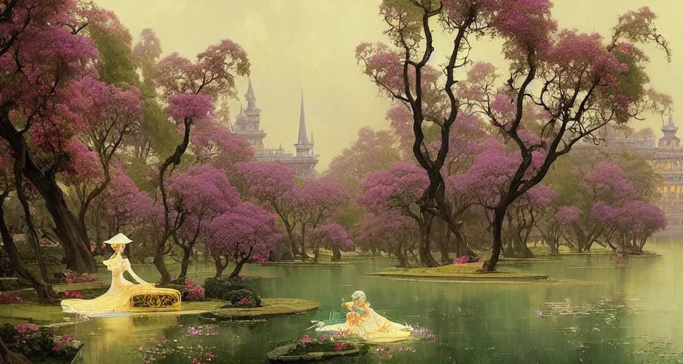 Image similar to royal palace near the lake, lilac bushes, art nouveau architecture, fantasy, art by joseph leyendecker, peter mohrbacher, ivan aivazovsky, ruan jia, reza afshar, marc simonetti, alphonse mucha