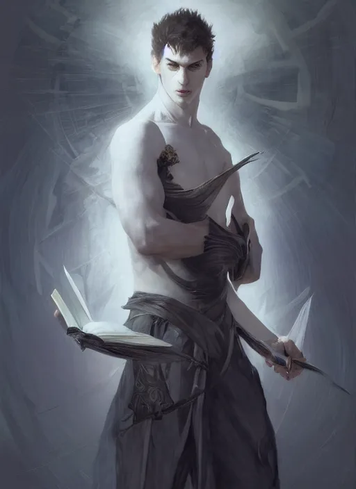 Prompt: character concept portrait of an attractive young angered Spanish wizard with pale grey skin enchanting a death spell, a floating iridescent spell book in the center, intricate, elegant, digital painting, concept art, smooth, sharp focus, illustration, from Metal Gear, by Ruan Jia and Mandy Jurgens and William-Adolphe Bouguereau, Artgerm