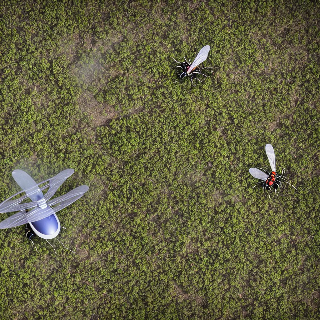 Prompt: biomimetic robot flying over a food forest, killing wasps with automatic lasers in the australian outback, XF IQ4, 150MP, 50mm, F1.4, ISO 200, 1/160s, natural light