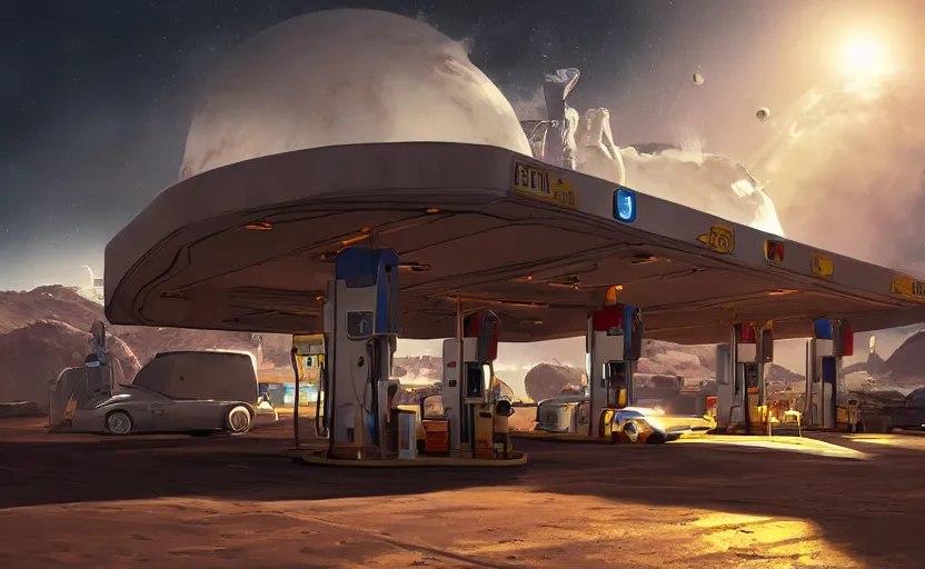 Image similar to gas station in space, 4 k, polished, photorealistic, steampunk, hard edges, zoomed in, very coherent, sharp focus, rim light, exquisite lighting, hard edges, sci - fi, print, cinematic, game art, concept art, octane