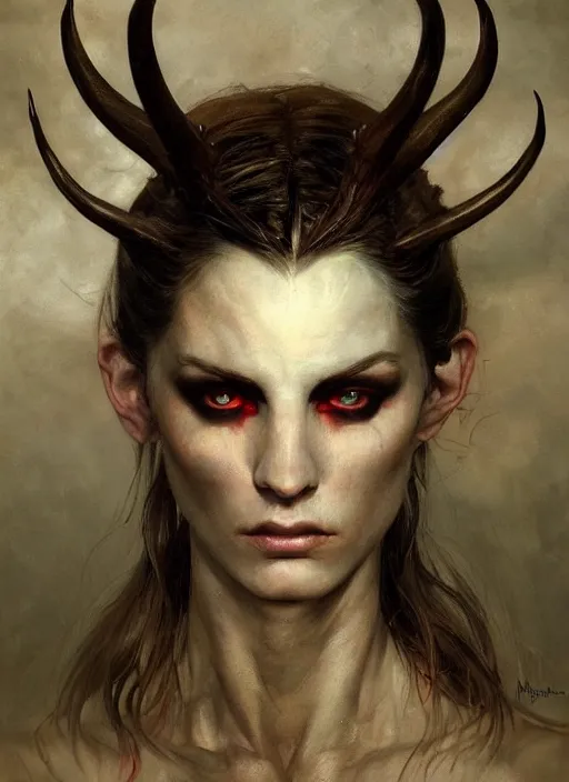 Image similar to half demon half human intricate skin scales costume, elegant, peaceful, full body, horns, hyper realistic, extremely detailed, dnd character art portrait, fantasy art, intricate fantasy painting, dramatic lighting, vivid colors, deviant art, artstation, by edgar maxence and caravaggio and michael whelan and delacroix.
