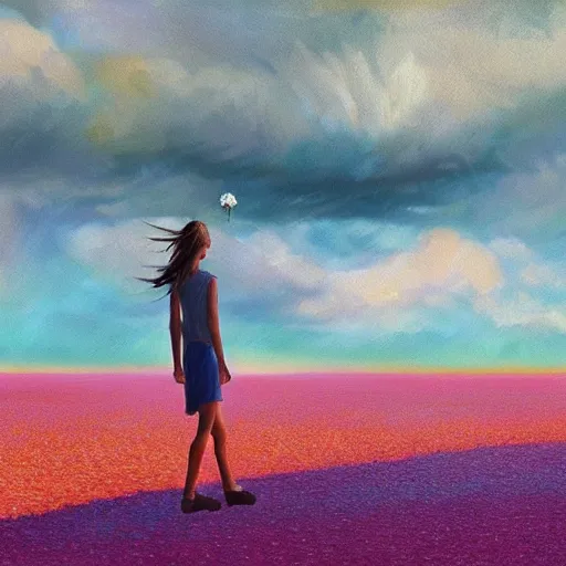 Image similar to giant daisy flower head, girl walking on salt flats mountains, surreal photography, sunrise, dramatic light, impressionist painting, colorful clouds, digital painting, artstation, simon stalenhag