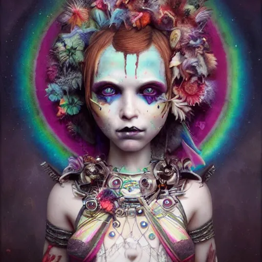 Image similar to photorealistic portrait of a curiosities carnival, single doll punk in a full gothic armor, multiple dyed colors haircut, marvel, symmetry accurate features, focus, rainbow lighting, very intricate details, award winning masterpiece, by tom bagshaw, ultra deep fog background