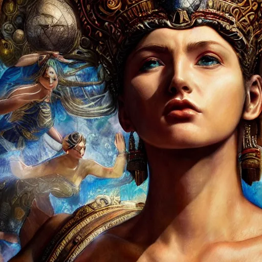 Image similar to hyperrealistic mixed media painting of beautiful goddess Athena, stunning 3d render inspired art by P. Craig Russell and Barry Windsor-Smith, perfect facial symmetry, dim volumetric lighting, 8k octane beautifully detailed render, post-processing, portrait, extremely hyper-detailed, intricate, epic composition, brown eyes, cinematic lighting, masterpiece, trending on artstation, very very detailed, masterpiece, stunning