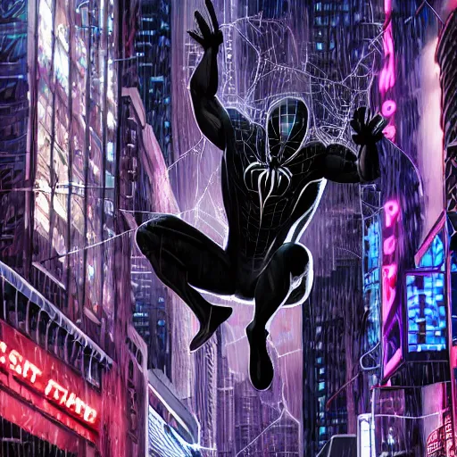 Image similar to Symbiote-Suit wearing Spider-Man looking determined and web-swinging through Cyberpunk New York City at night in the rain lit up by neon signs, hyperrealistic, 4k