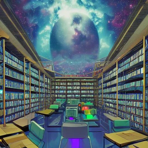 Prompt: highly detailed art on artstation, Library of Forever, interior of a futuristic cosmic library, brightly illuminated reading room with large windows and many modern chairs, light from stars and nebulae shining through windows, synthwave, futuristic, utopian