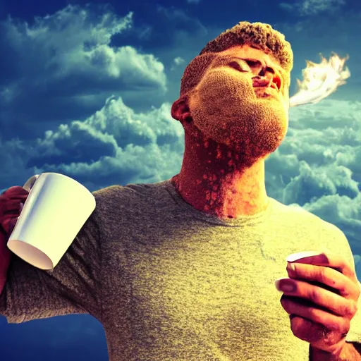 Image similar to ultra realist render of a bomb explosion cloud background, daily clothed man drinking his coffee, partial symmetry accurate features, very intricate details, focus, award winning