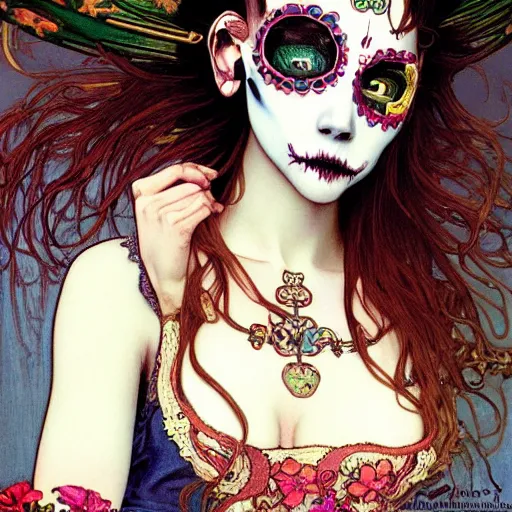 Image similar to realistic detailed photograph of a cute punk Día de los Muertos girl by Mario Testino Alphonse Mucha Ayami Kojima Amano Charlie Bowater, masterpiece