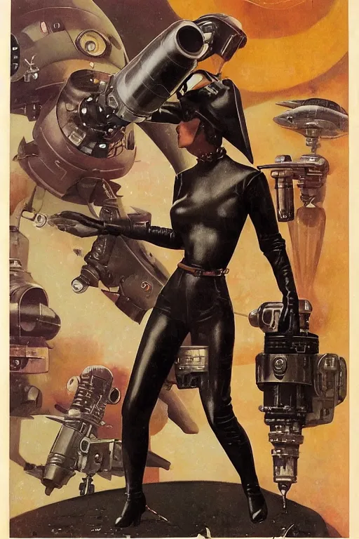 Prompt: 5 0 s pulp scifi fantasy illustration full body portrait slim mature woman in leather spacesuit firing retro ray gun laser beam, by norman rockwell, roberto ferri, daniel gerhartz, edd cartier, jack kirby, howard v brown, ruan jia, tom lovell, frank r paul, jacob collins, dean cornwell, astounding stories, amazing, fantasy, other worlds