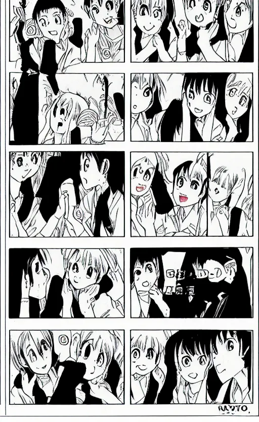 Prompt: multi-panel manga comic by Naoko Takeuchi and Junji ito, four panel black and white 4-koma, School comedy shoujo manga