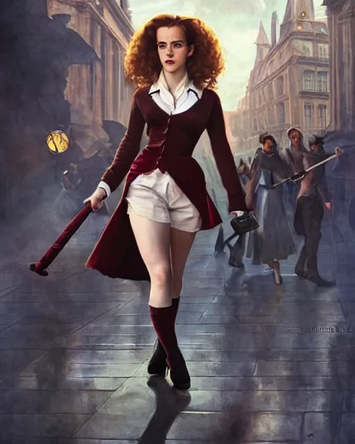 Image similar to pinup photo of hermione granger by emma watson in the crowded square of the city, by greg rutkowski, gil elvgren, enoch bolles, kezie demessance, glossy skin, pearlescent, very coherent, very detailed, harry potter film still