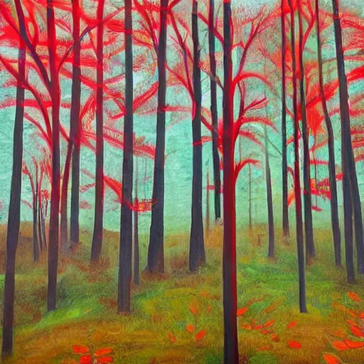 Prompt: a surreal disorienting painting of a forest where the trees have black trunks and vibrant red leaves with a red ghostly figure in the middle