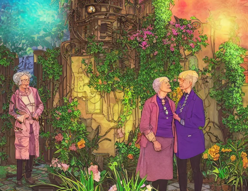 Prompt: elderly lesbian couple in steampunk vaporwave courtyard garden. complementary colors, gouache, indie concept art, bloom, chiaroscuro, backlighting, intricate details.