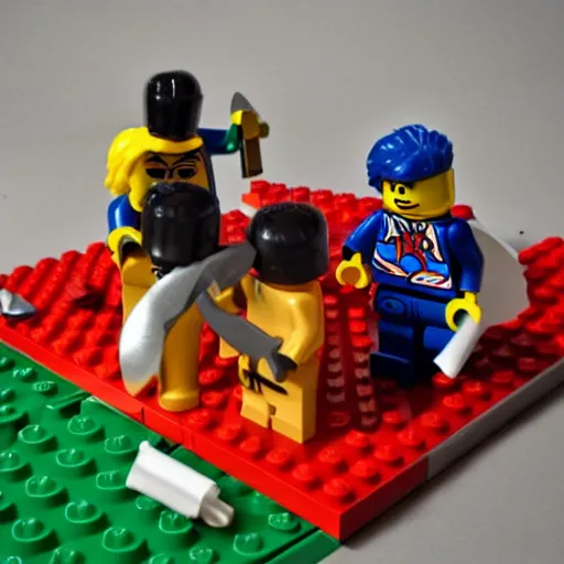 Prompt: lego figures killing eachother with knives