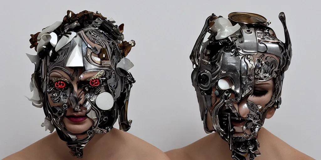 Prompt: a beautiful cyborg made of ceremonial porcelain maske