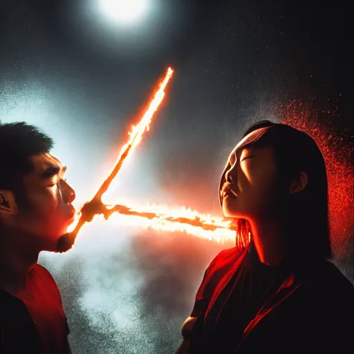 Prompt: photographic portrait, last battle on earth between a young asian woman and young man, sky in flames, apocalyptic, cinematic lighting, dark lighting, award winning, 8 k