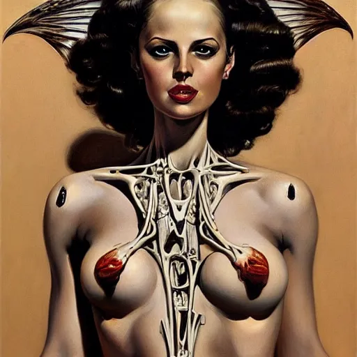 Image similar to upper body portrait of divine feminine muse, bikini made of bones, black wings, oil on canvas, hyper realism, Lovecraftian, by J. C. Leyendecker and boris vallejo, artstation, concept character art