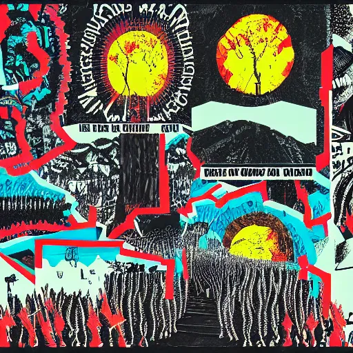 Image similar to Collage, vivid sound by Radiohead, hunting, despot, logo, logo, logo ultra detailed, Tchock, by Tchock, by Stanley Donwood