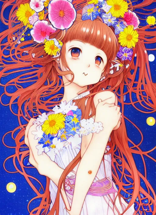 Image similar to exquisite imaginative manga poster art of a smiley girl, long wavy hair, stars, flowers, uniform, shimmering, by kojima ayami, shigenori soejima, minaba hideo, alphonse mucha, jump comics, shogakukan, art nouveau, illustration, artstation, highly detailed, 8 k, fluorescent, maximalist