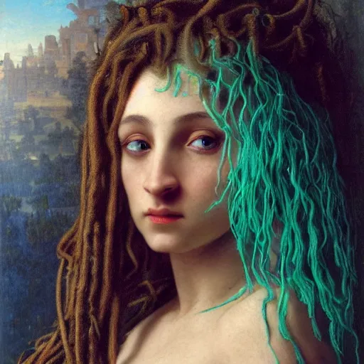 Prompt: intricate detail, hyper detail, drunk woman, very tired, wearing full body mans suite, hazel green eyes, teal eyebrows, with aqua neon rapunzel dreadlocks, detailed, by h. r. giger and bouguereau, masterpiece, sharp focus,