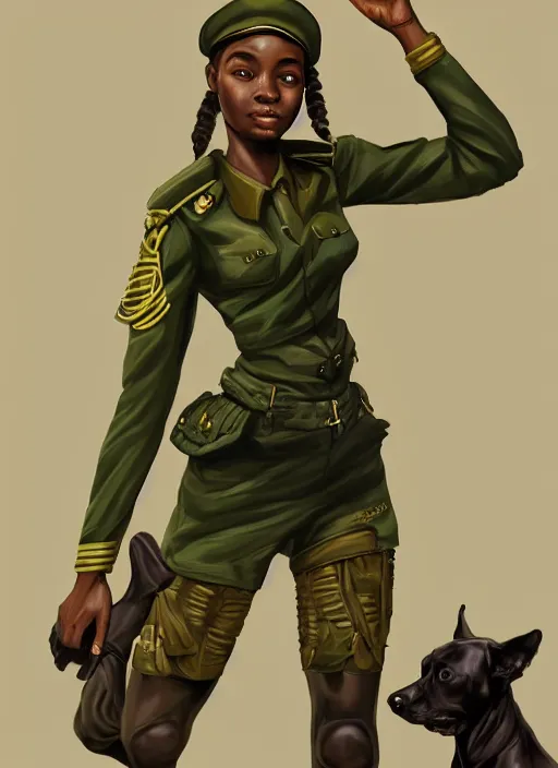 Prompt: a highly detailed illustration of cute african girl wearing military uniform and green officer cap riding!!! on giant!!! dog!!!, dramatic standing pose, perfect face, intricate, elegant, highly detailed, centered, digital painting, artstation, concept art, smooth, sharp focus, league of legends concept art, wlop