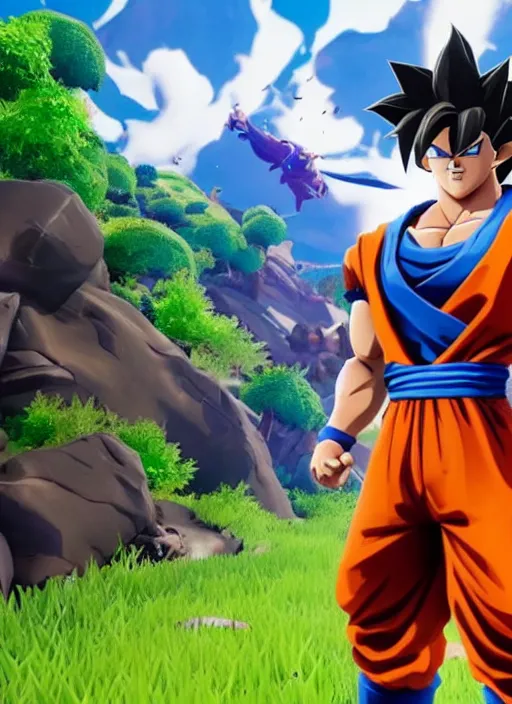 Image similar to game still of a sayan goku as a fortnite skin in fortnite by fortnite, pose.