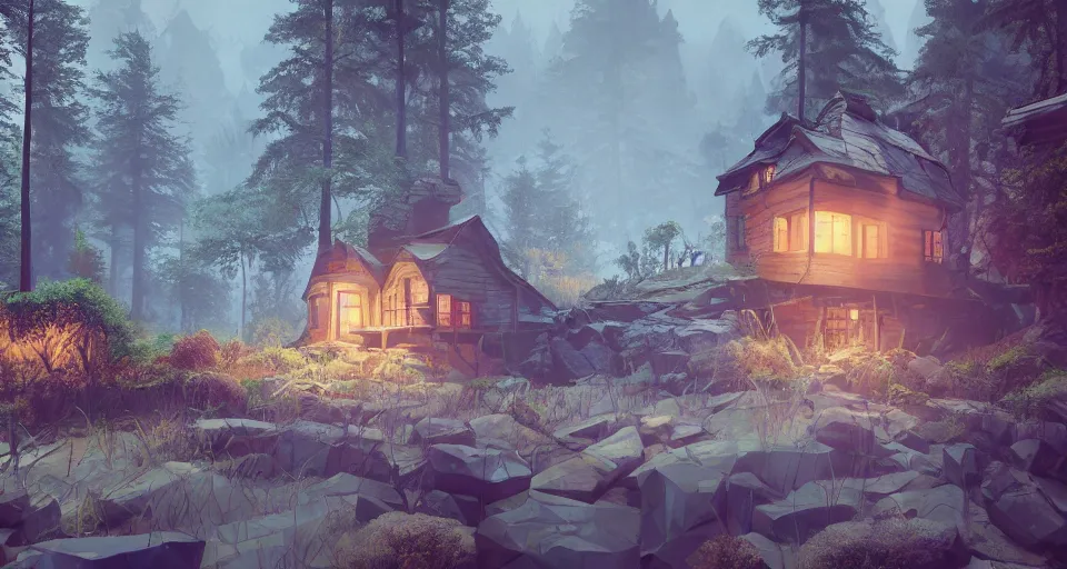 Image similar to a painting of a house in the middle of a forest, a low poly render by senior environment artist, featured on polycount, fantasy art, artstation hq, 2 d game art, rendered in unreal engine