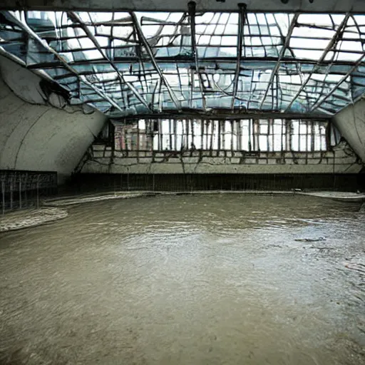 Prompt: a soviet waterpark. flooded, empty, dark abandoned.