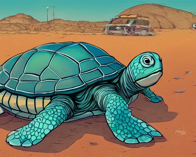 Image similar to a study of cell shaded cartoon turtle with a video camera for a head and 6 legs, on a desert road, illustration, wide shot, subtle colors, post grunge, concept art by josan gonzales and wlop, by james jean, victo ngai, highly detailed, sharp focus, trending on artstation, hq, deviantart, art by artgem