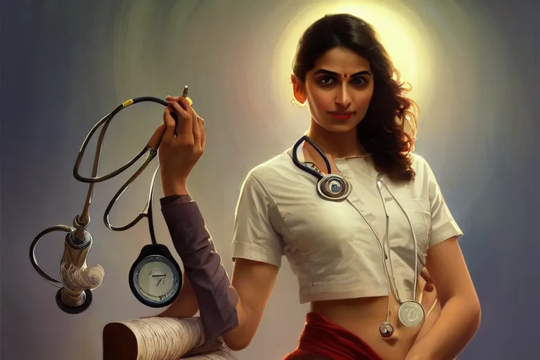 Prompt: sensual pale beautiful indian doctor in jeans with stethoscope, art deco portrait, elegant, intricate, digital painting, artstation, concept art, smooth, sharp focus, illustration, art by artgerm and greg rutkowski and alphonse mucha