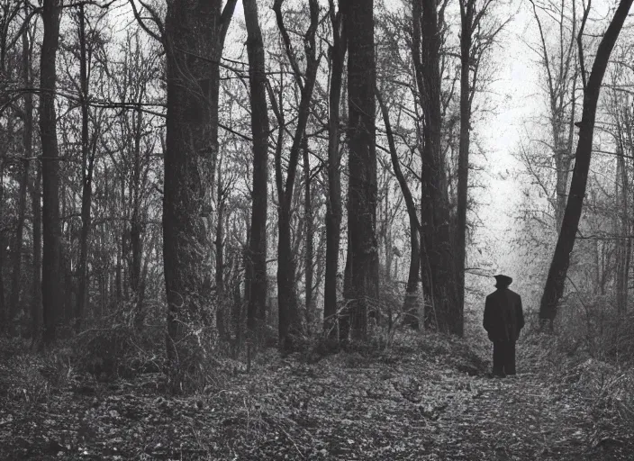 Prompt: sinister black and white old photography of a tall man in the woods