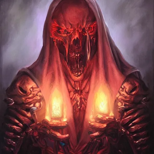 Image similar to a hyper realistic oil painting of a necromancer from diablo, dark fantasy, horror, retro fantasy