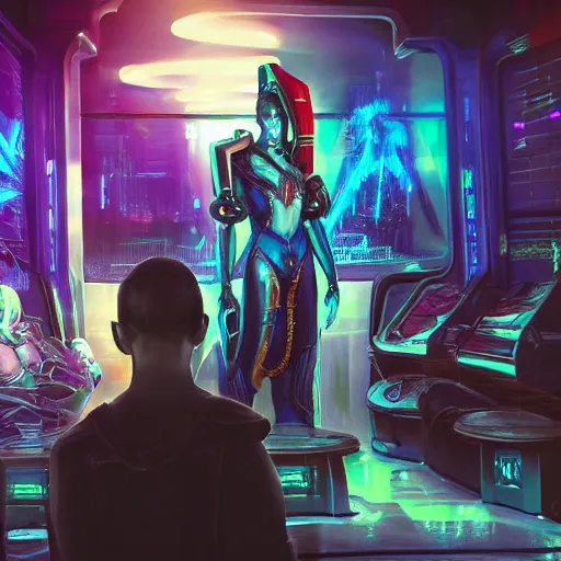 Image similar to a high quality portrait of a Protoss Zealot in a cyberpunk cyberpunk cyberpunk cafe, realism, 8k, award winning photo