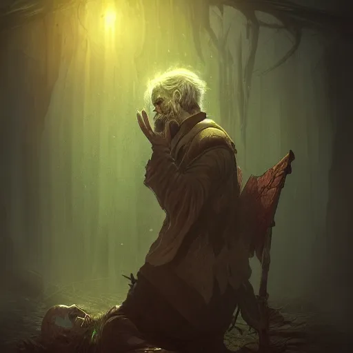 Prompt: a old necromancer resurrecting his fallen friend from dead, Grim fantasy, emotional, D&D, HDR, concept art, award winning photograph, 8k, Mucha style,