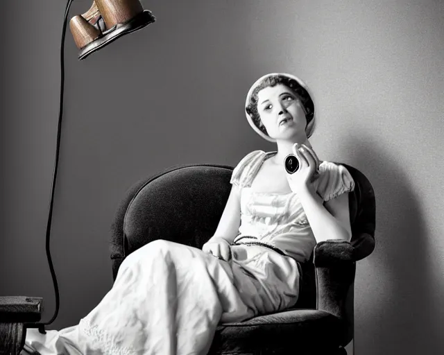 Prompt: beautiful vintage woman sitting in a loveseat using a rotary phone, cinematic lighting, caravaggio, artstation