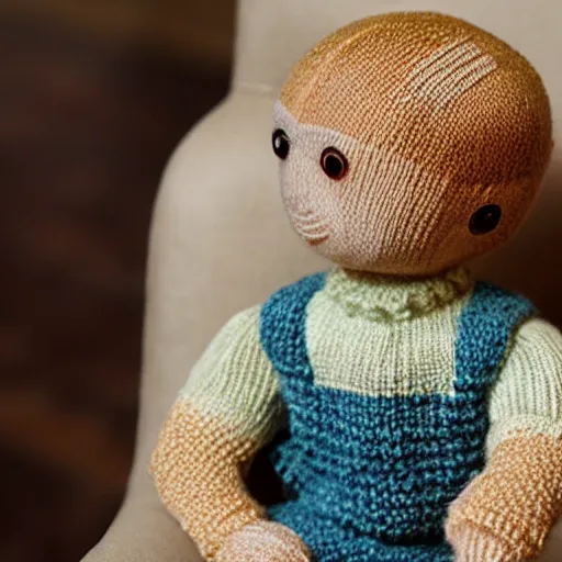 Prompt: knitted doll ryan gosling sitting on a chair, lethal preservation, proportions, high quality, realism, foreground focus,