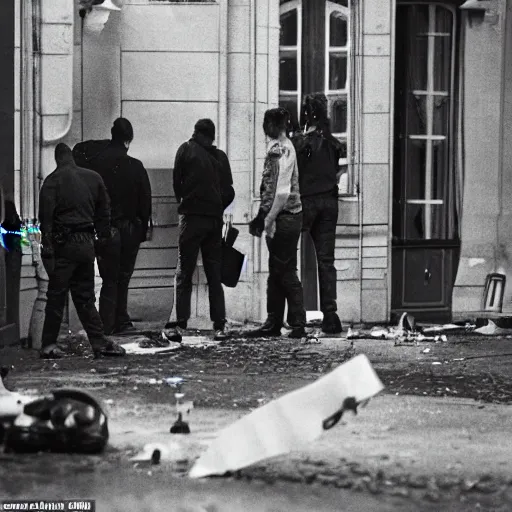 Prompt: Several agents of the scientific police collecting evidence on a crime scene in a Parisian apartment