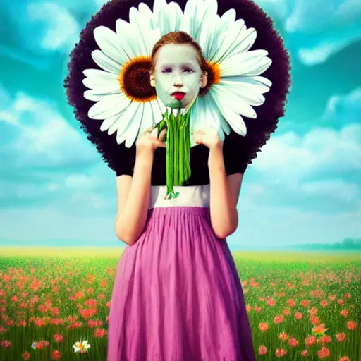 Image similar to daisy flower for a head, portrait of girl in flower field, holding daisy, surreal photography, sunrise, impressionist painting, colorful clouds, digital painting, artstation, simon stalenhag, flower face