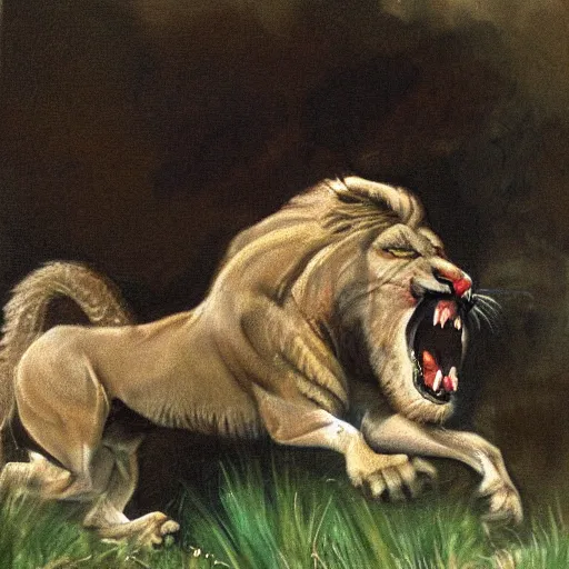 Prompt: painting of roaring lion and mouse