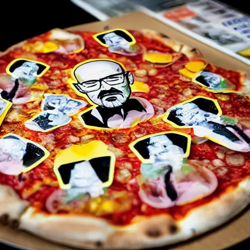 Image similar to pizza made of walter white figurine stickers, unreal, render, splash, award winning photograph