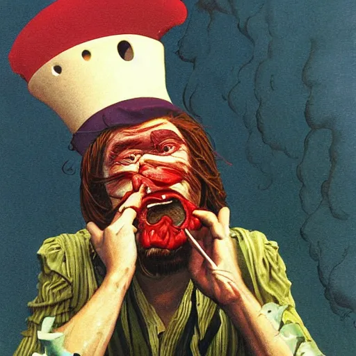 Image similar to hamburger with human face smoking a cigarette, high detail, fantasy illustration by angus mcbride