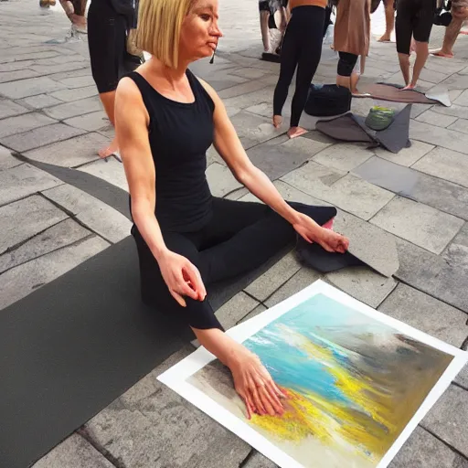 Image similar to a blonde woman in a yoga position selling paintings in Porto, greg rutkowski