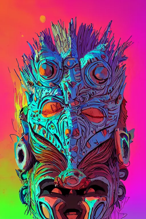 Image similar to totem animal tribal chaman vodoo mask feather gemstone plant wood rock video game illustration vivid color borderlands by josan gonzales and dan mumford radiating a glowing aura